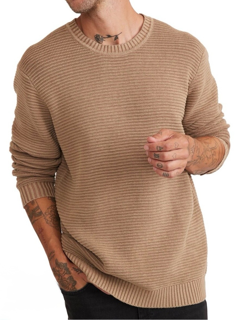 Marine Layer Garment Dye Crew Sweater Size M Dark Tan Ribbed Cotton Classic